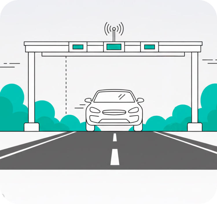 O veículo passa livremente pelo pórtico, sem precisar parar ou reduzir a velocidade.